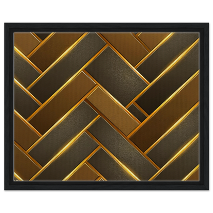 Framed wall art featuring a geometric herringbone pattern in metallic gold, bronze, and dark brown tones, enclosed in a black frame against a white background.