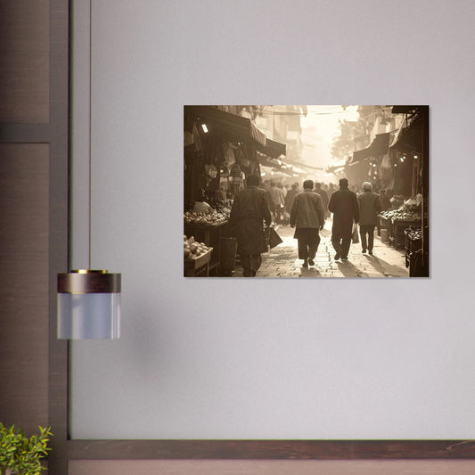 A nostalgic sepia-toned photograph of a busy vintage street market with detailed vendor stalls and historic architecture