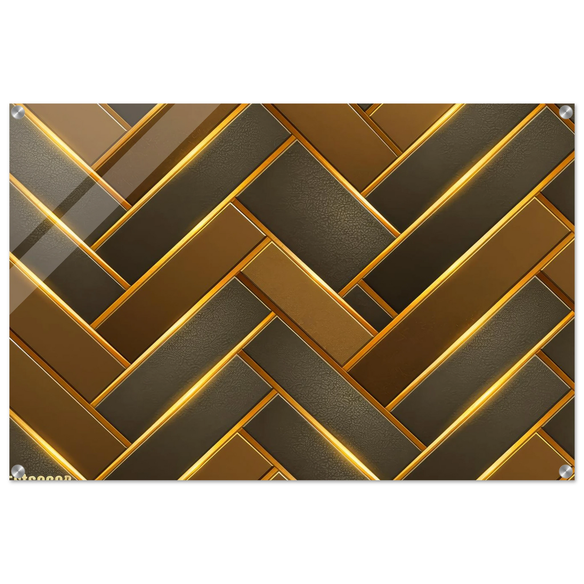 The Golden Herringbone modern geometric wall art print on 1/4 inch high-gloss acrylic with rich gold and charcoal interlocking pattern.