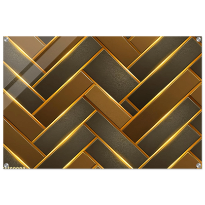 The Golden Herringbone modern geometric wall art print on 1/4 inch high-gloss acrylic with rich gold and charcoal interlocking pattern.