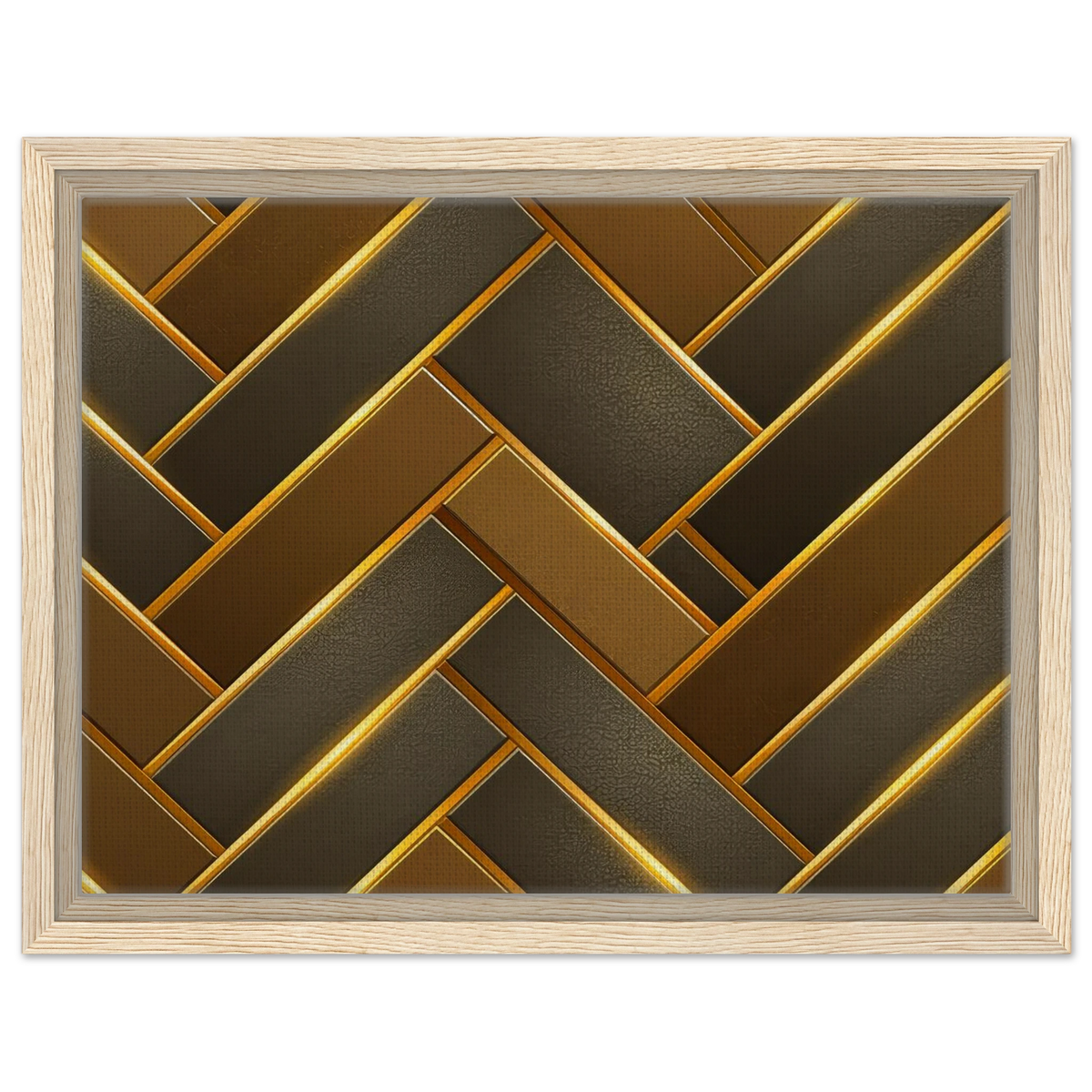 A framed wall art print featuring a geometric herringbone pattern in metallic gold and dark brown tones, set in a light natural wood frame against a white background.