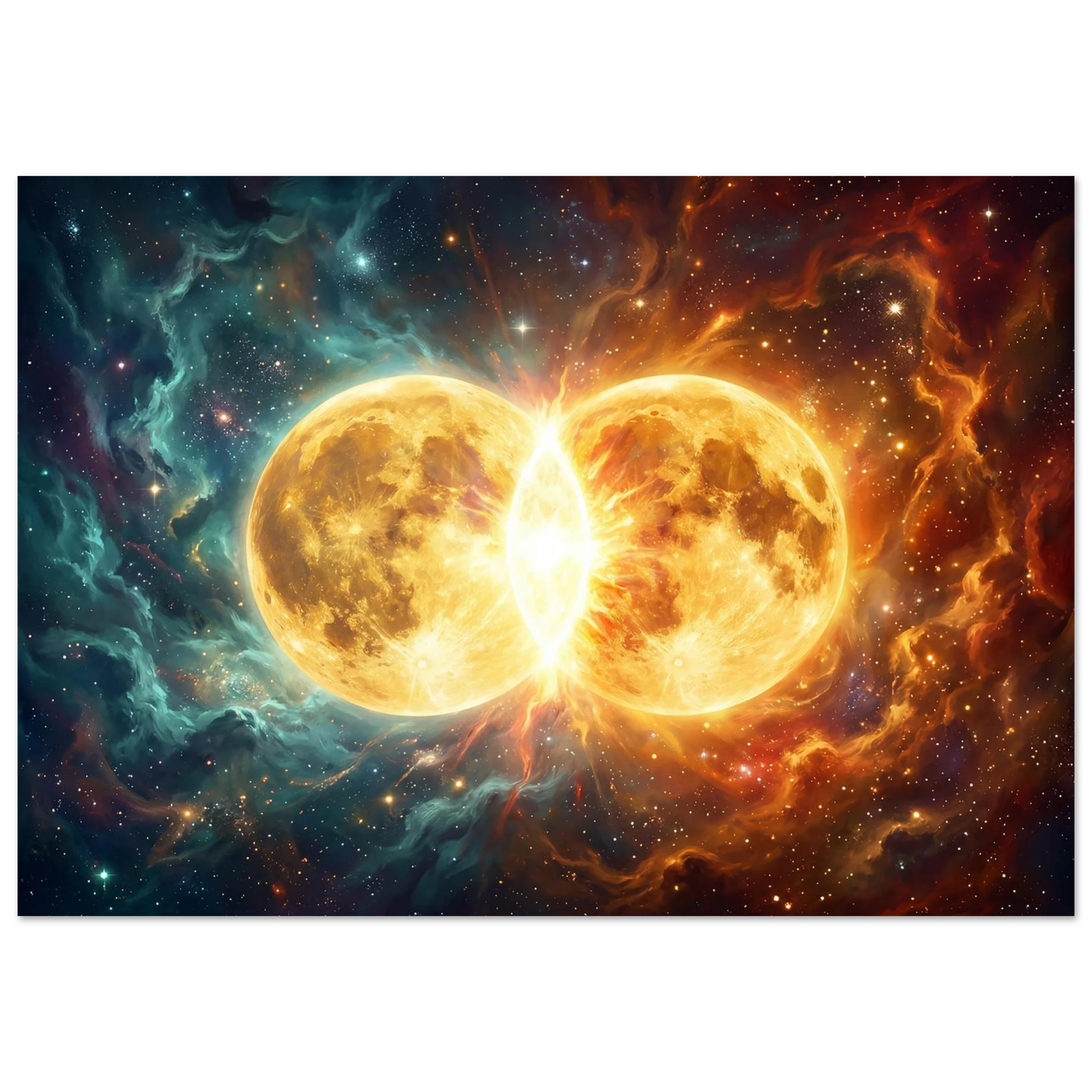  Abstract digital art of two glowing golden spheres colliding in space, creating a massive explosion of orange and blue light and stars.