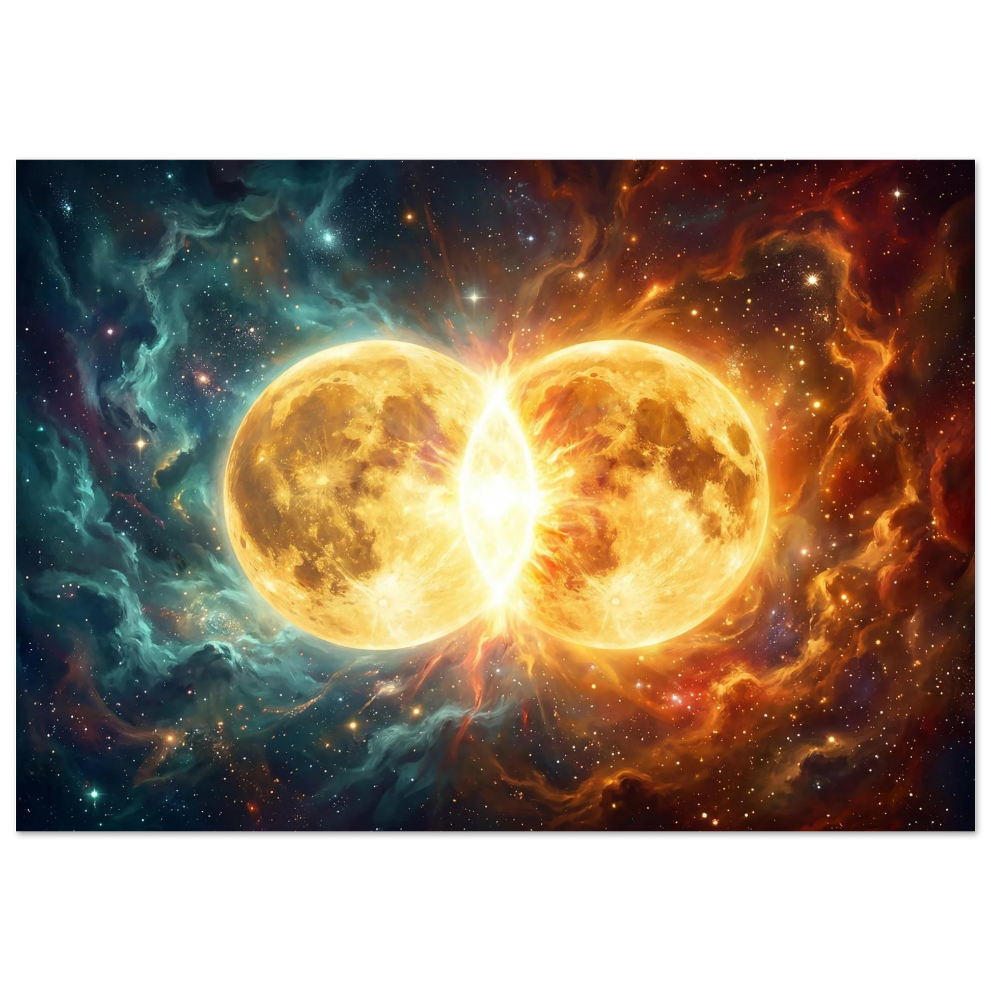  Abstract digital art of two glowing golden spheres colliding in space, creating a massive explosion of orange and blue light and stars.