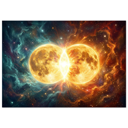  Abstract digital art of two glowing golden spheres colliding in space, creating a massive explosion of orange and blue light and stars.