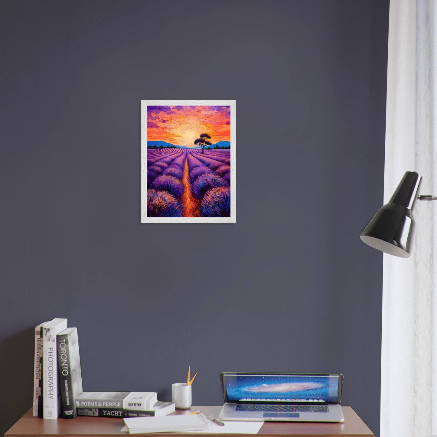 Impressionist painting of lavender rows stretching toward a violet and orange sunset sky with a lone tree on a hill.