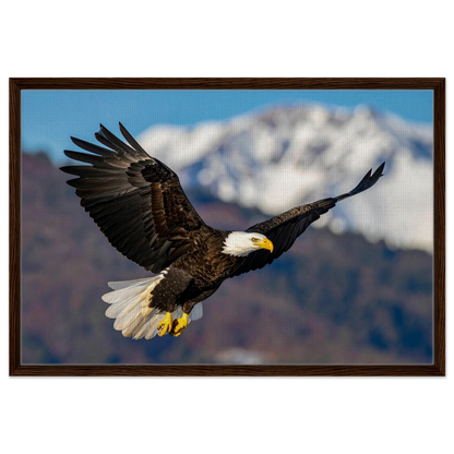 Majestic Soaring Bald Eagle Mountain Wall Art framed canvas in dark wood