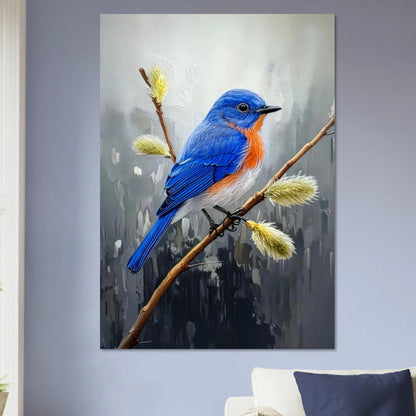 Detailed oil painting of a bright bluebird perched on a pussy willow branch with fuzzy silver buds against a soft grey background.