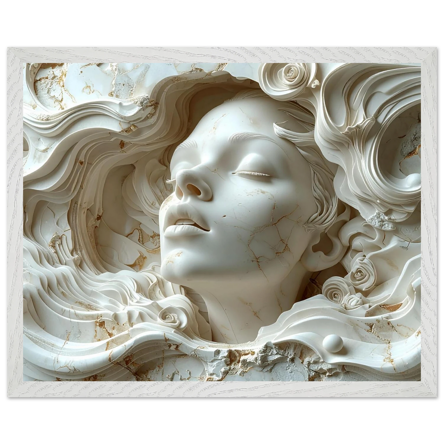 Marble sculpture of a face with intricate detailing