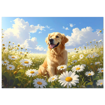 A happy Golden Retriever dog sitting in a field of white and yellow daisies under a sunny blue sky.