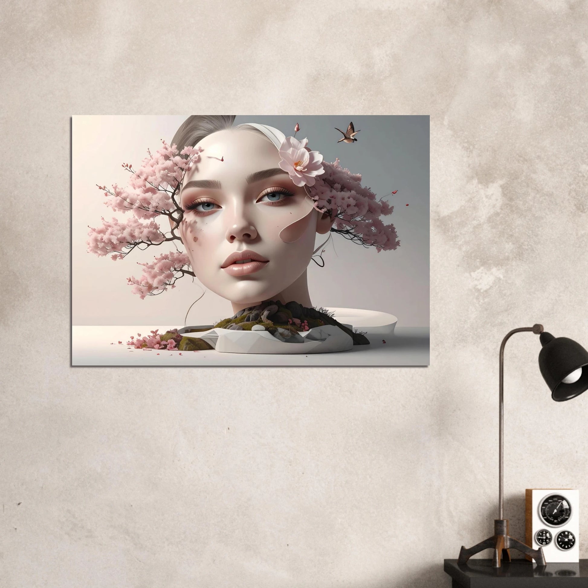 A sophisticated minimalist portrait with soft neutral tones and artistic shading, perfect for modern interiors.