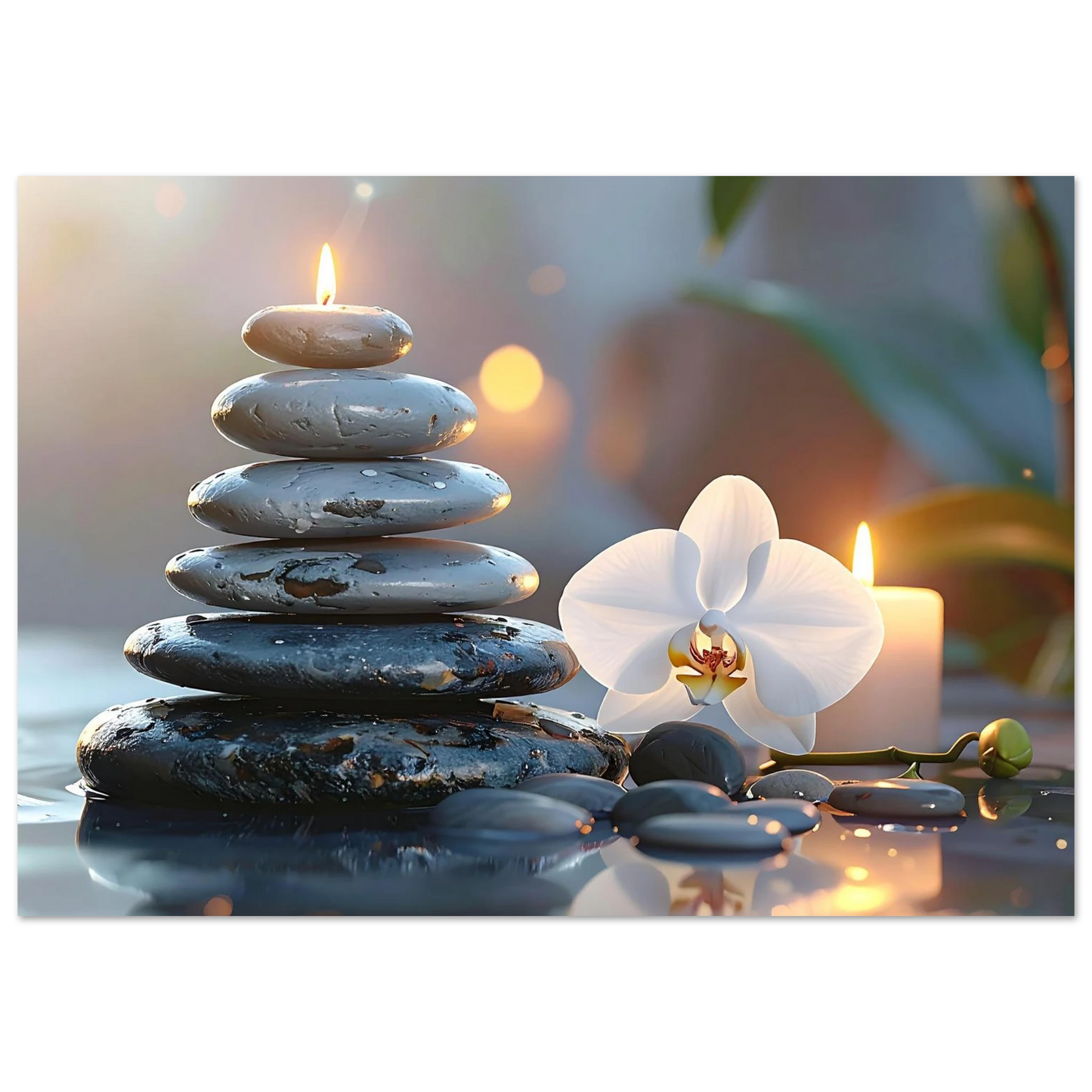 Peaceful scene of stacked  Zen stones, a white orchid blossom, and soft candlelight glow on a dark background .