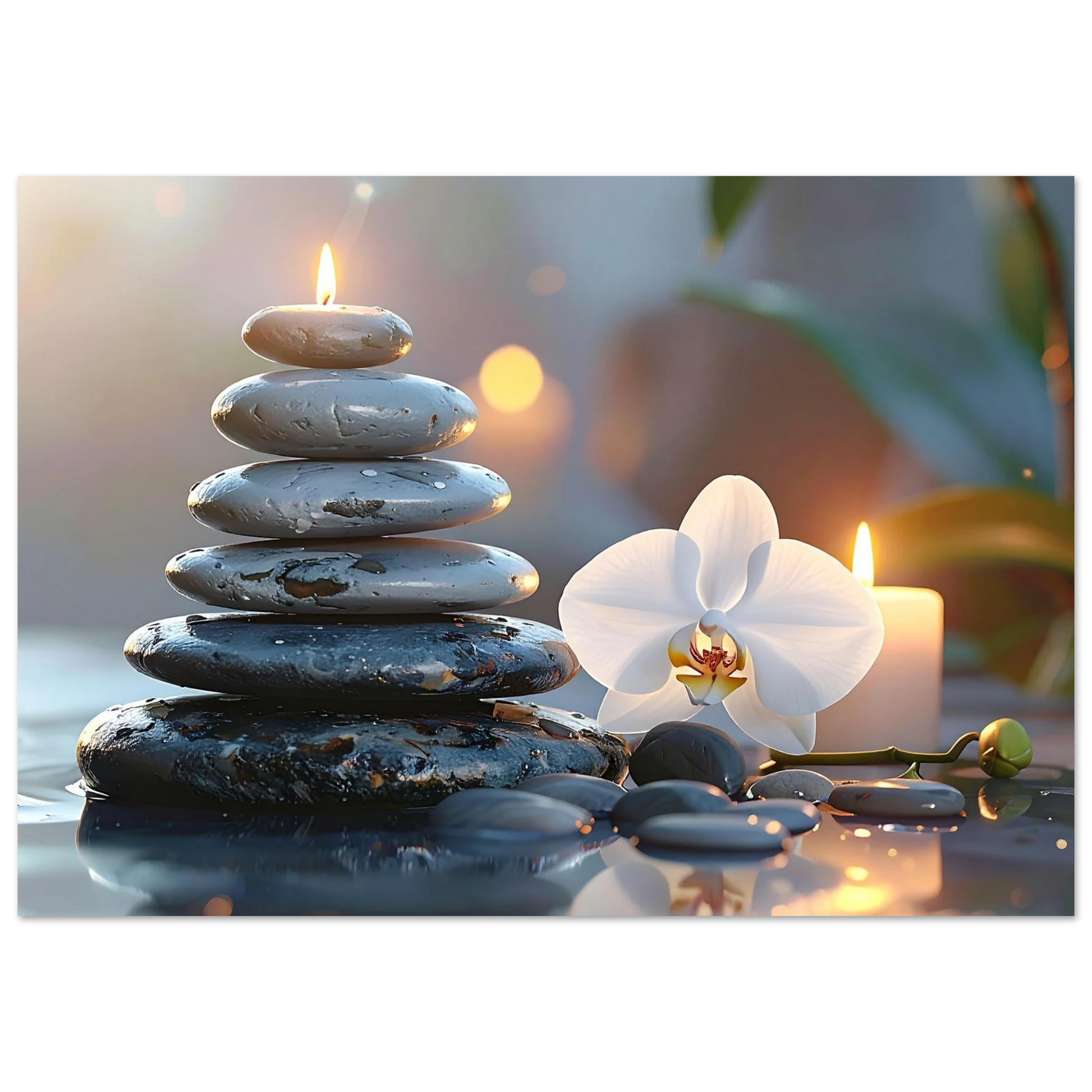 Peaceful scene of stacked  Zen stones, a white orchid blossom, and soft candlelight glow on a dark background .