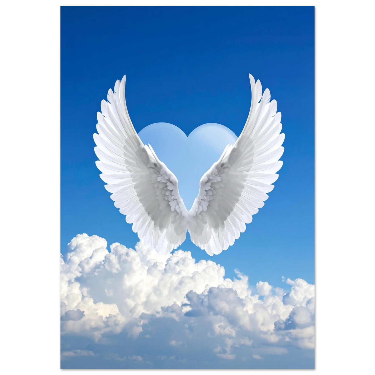 High-end canvas artwork featuring detailed white angel wings surrounding a soft blue heart, hovering over dramatic white clouds against a brilliant blue sky.