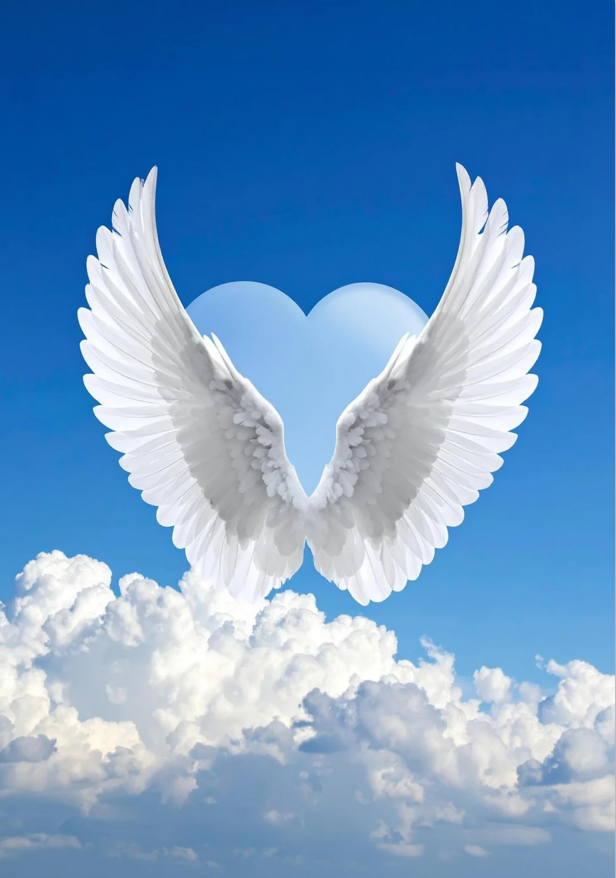High-end canvas artwork featuring detailed white angel wings surrounding a soft blue heart, hovering over dramatic white clouds against a brilliant blue sky.