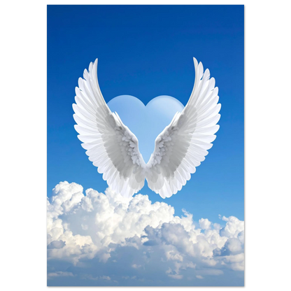 High-end canvas artwork featuring detailed white angel wings surrounding a soft blue heart, hovering over dramatic white clouds against a brilliant blue sky.
