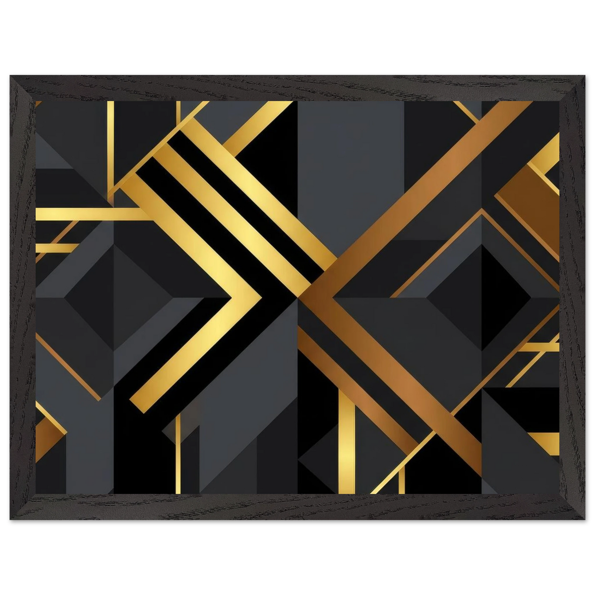 Framed wall art featuring a modern geometric abstract design with black, dark gray, and metallic gold lines and shapes, presented in a dark distressed frame against a white background.