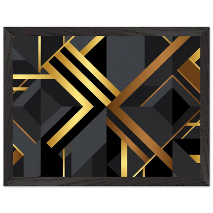 Framed wall art featuring a modern geometric abstract design with black, dark gray, and metallic gold lines and shapes, presented in a dark distressed frame against a white background.