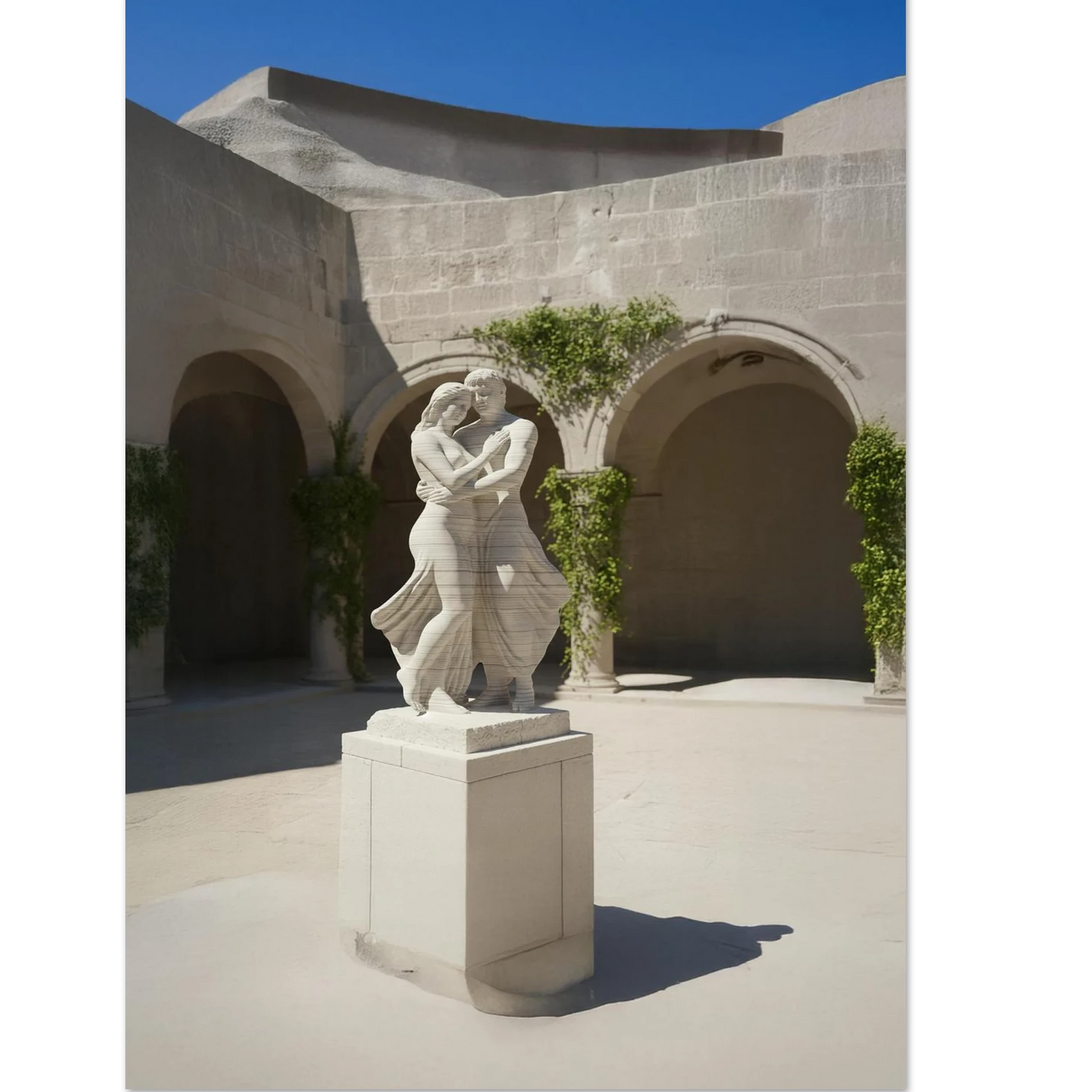  A white marble statue of a man and woman embracing in the center of a stone courtyard with classical arches and climbing green ivy.