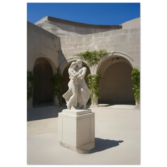  A white marble statue of a man and woman embracing in the center of a stone courtyard with classical arches and climbing green ivy.