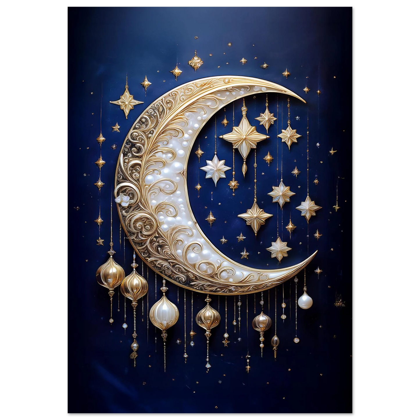 An ornate white and gold filigree crescent moon surrounded by hanging stars and pearls on a dark blue background.
