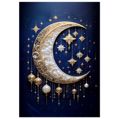 An ornate white and gold filigree crescent moon surrounded by hanging stars and pearls on a dark blue background.