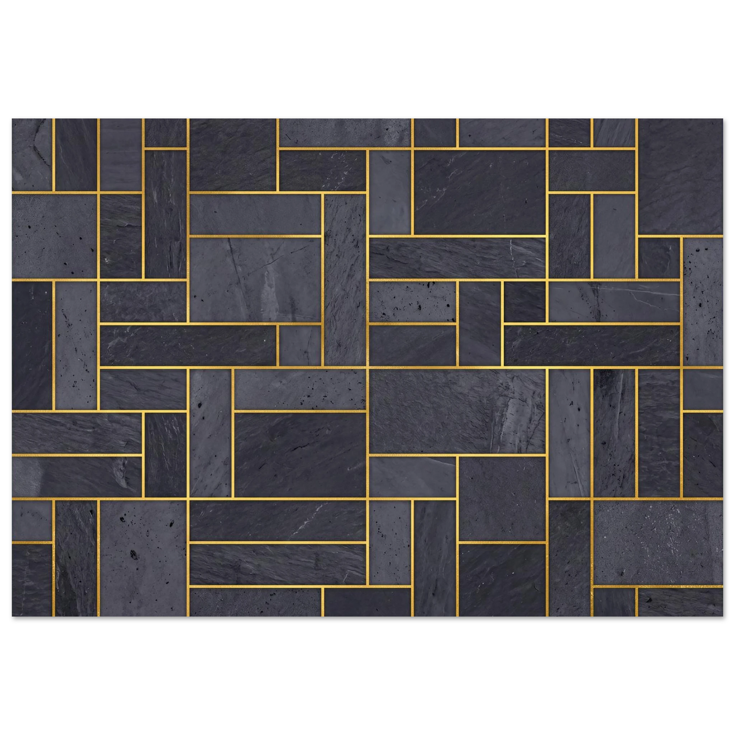 Flat 2D front view of an abstract city-grid composition with interlocking rectangular blocks in shades of slate and dark gray, defined by thin, sharp gold veins.