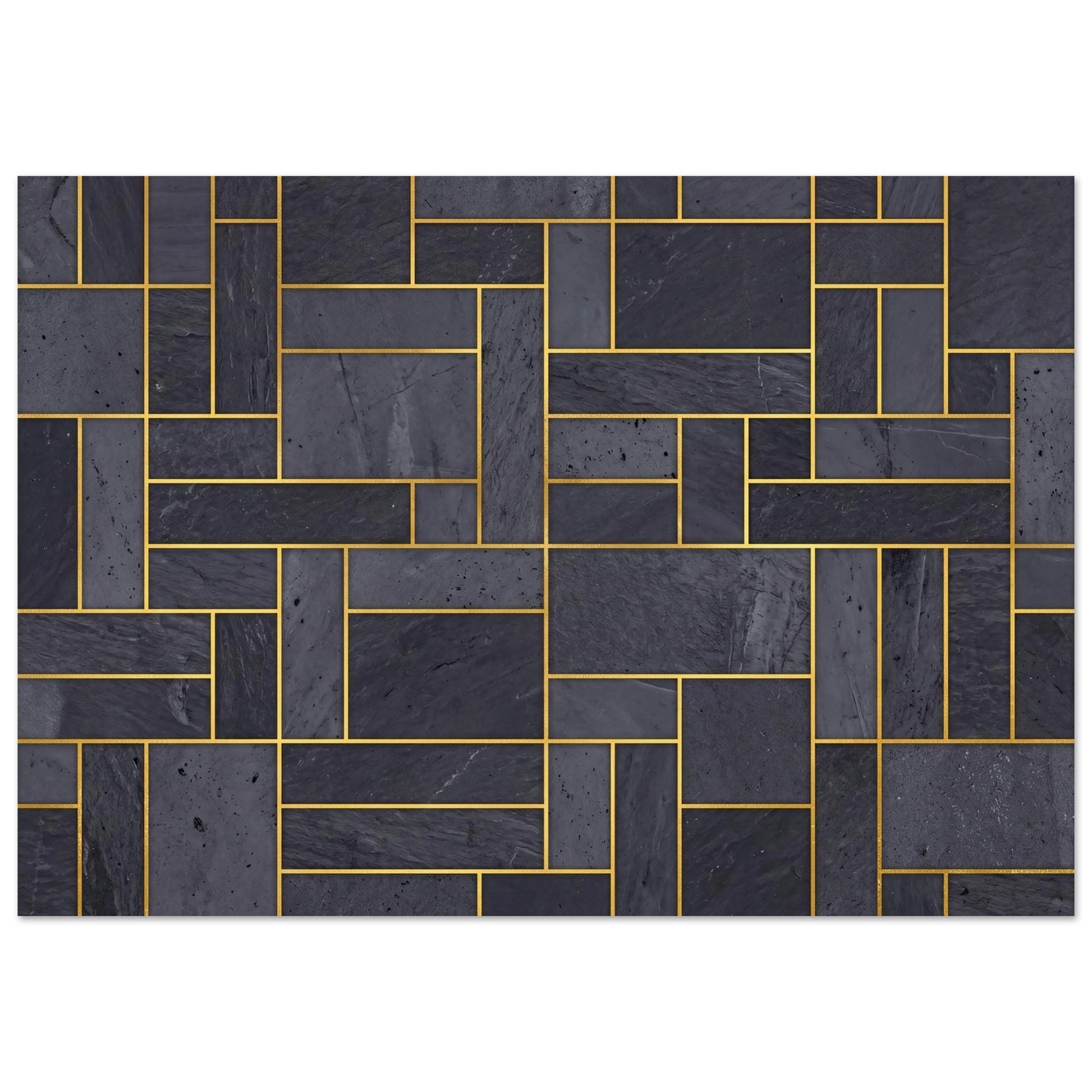 Flat 2D front view of an abstract city-grid composition with interlocking rectangular blocks in shades of slate and dark gray, defined by thin, sharp gold veins.