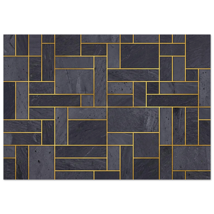 Flat 2D front view of an abstract city-grid composition with interlocking rectangular blocks in shades of slate and dark gray, defined by thin, sharp gold veins.