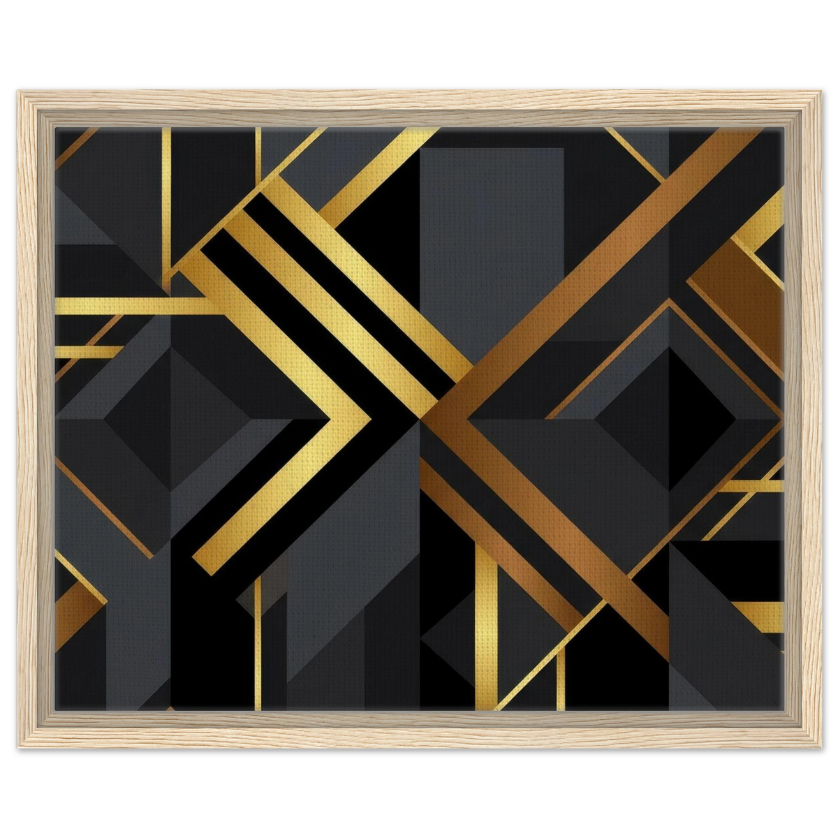 Framed abstract geometric wall art featuring black and dark gray blocks with metallic gold and bronze diagonal lines, enclosed in a light natural wood frame on a white background.