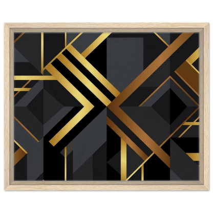 Framed abstract geometric wall art featuring black and dark gray blocks with metallic gold and bronze diagonal lines, enclosed in a light natural wood frame on a white background.