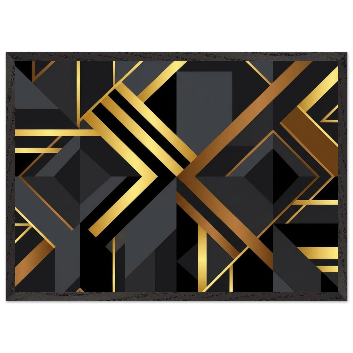 A framed abstract art print featuring a bold geometric design with black, dark gray, and metallic gold lines and shapes, set against a clean white background.