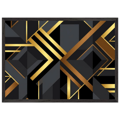 A framed abstract art print featuring a bold geometric design with black, dark gray, and metallic gold lines and shapes, set against a clean white background.