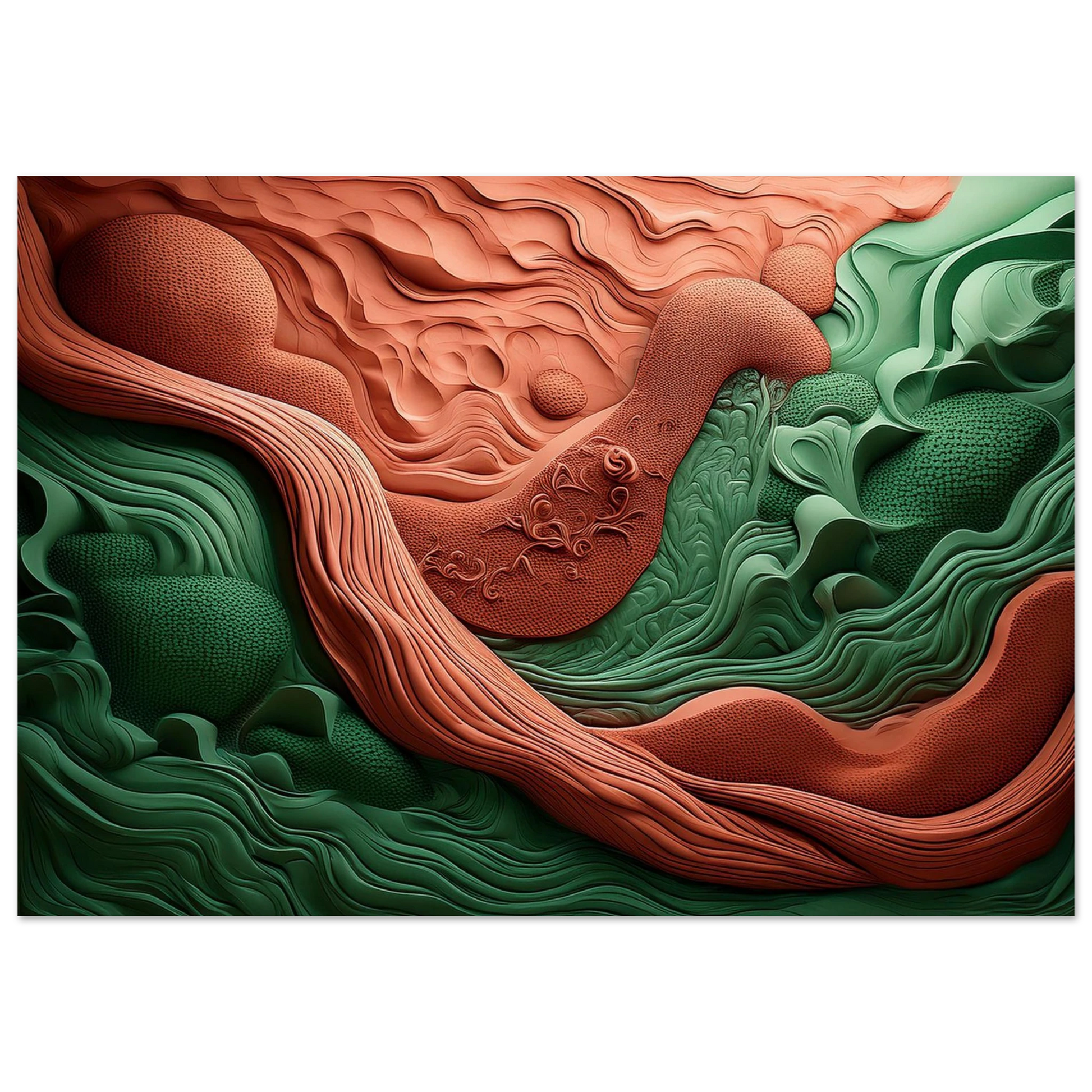 Detail of heavy texture on an abstract canvas showing sculpted shapes in moss green, terracotta, and sand colors.