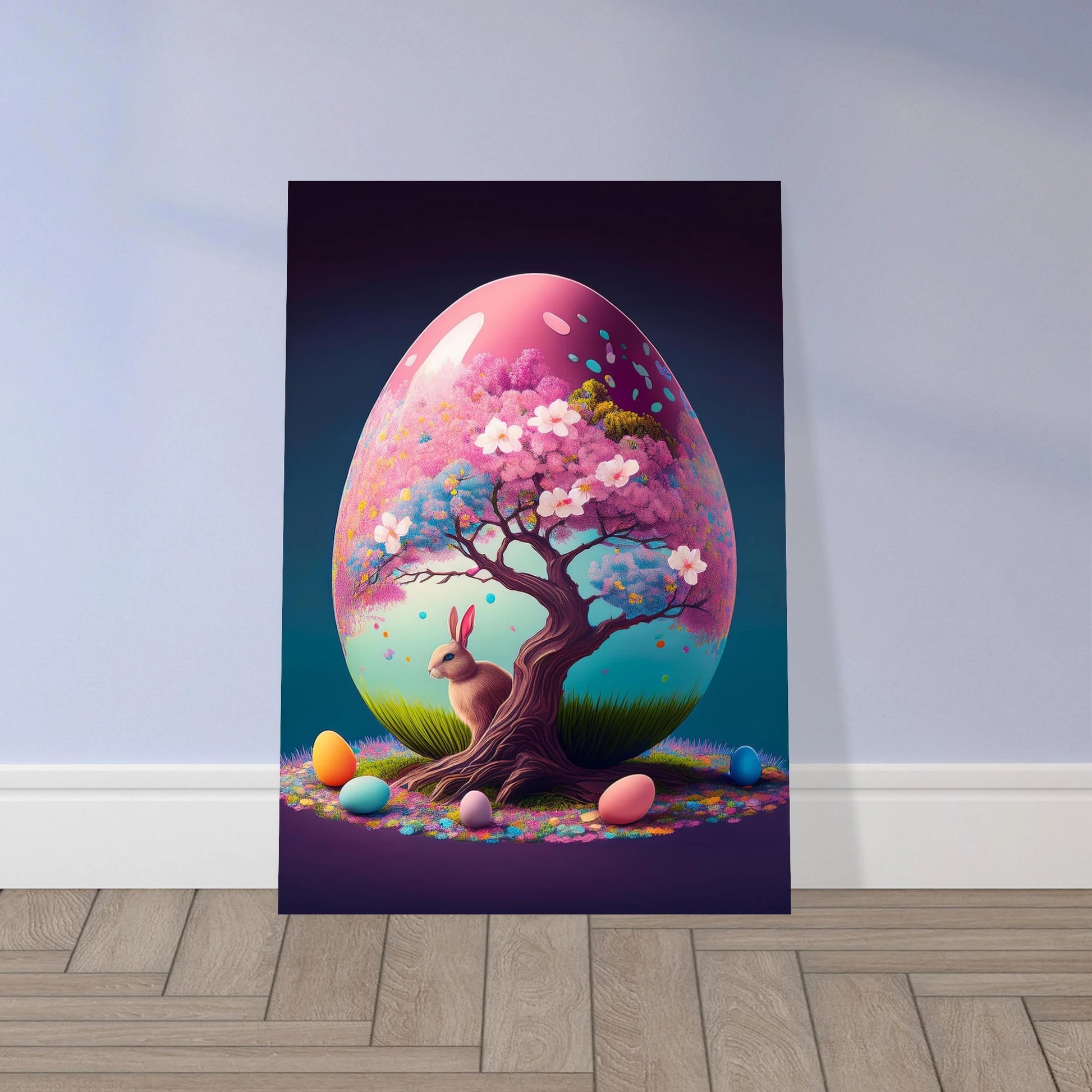 A glowing pink Easter egg featuring a blooming cherry blossom tree and a small rabbit.