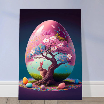 A glowing pink Easter egg featuring a blooming cherry blossom tree and a small rabbit.