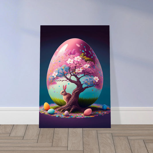 A glowing pink Easter egg featuring a blooming cherry blossom tree and a small rabbit.