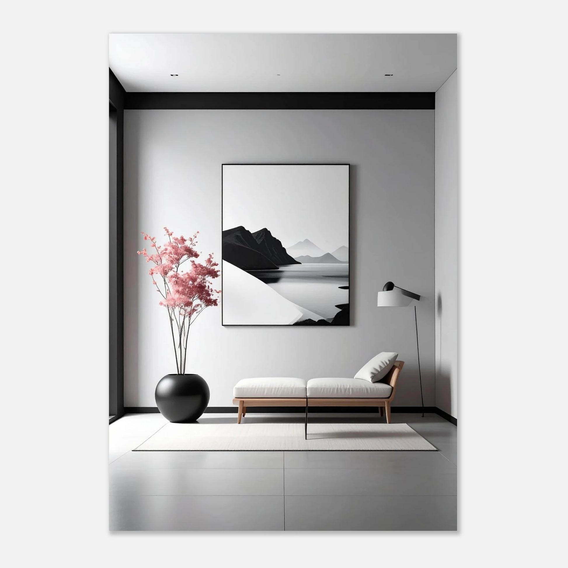 Modern interior with a black and white abstract painting, pink flowers, and a bench.