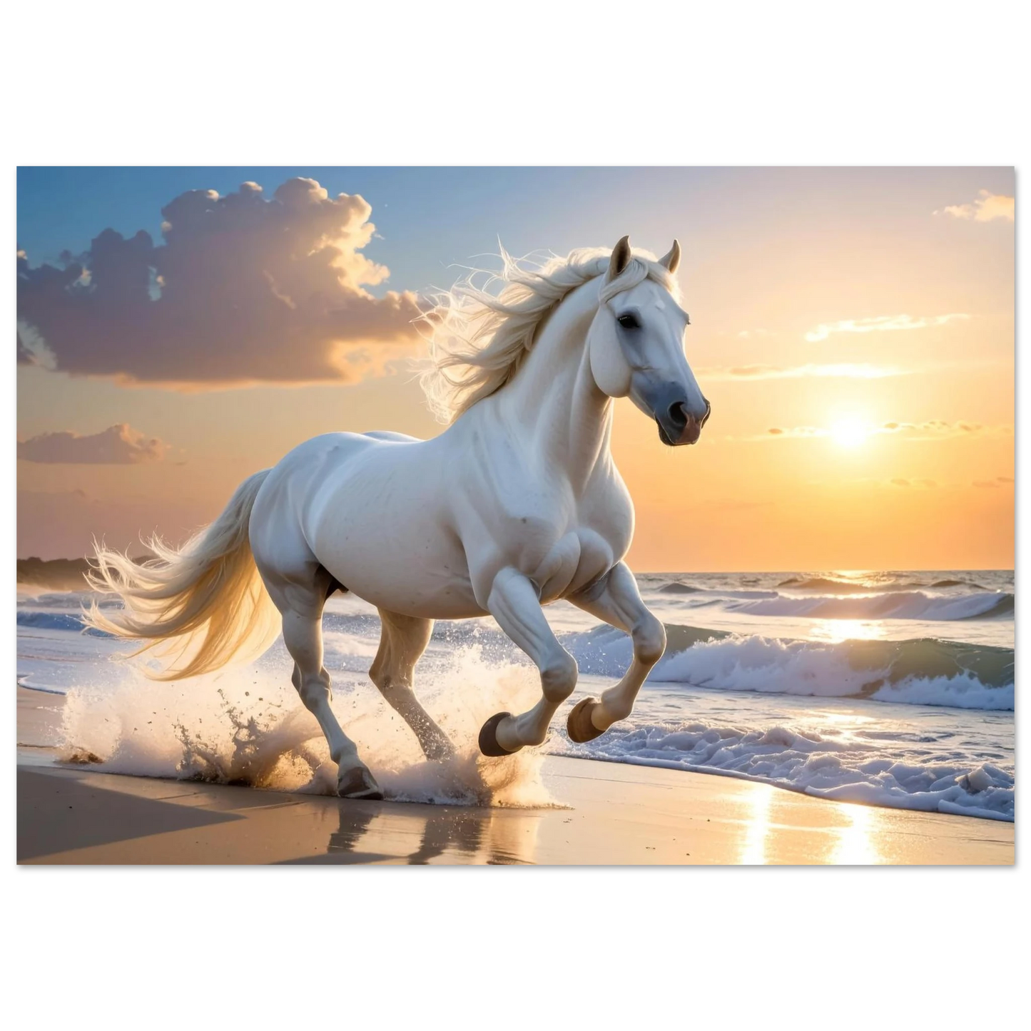 High-definition canvas print of a majestic white horse galloping along a beach during a vibrant, golden sunset.