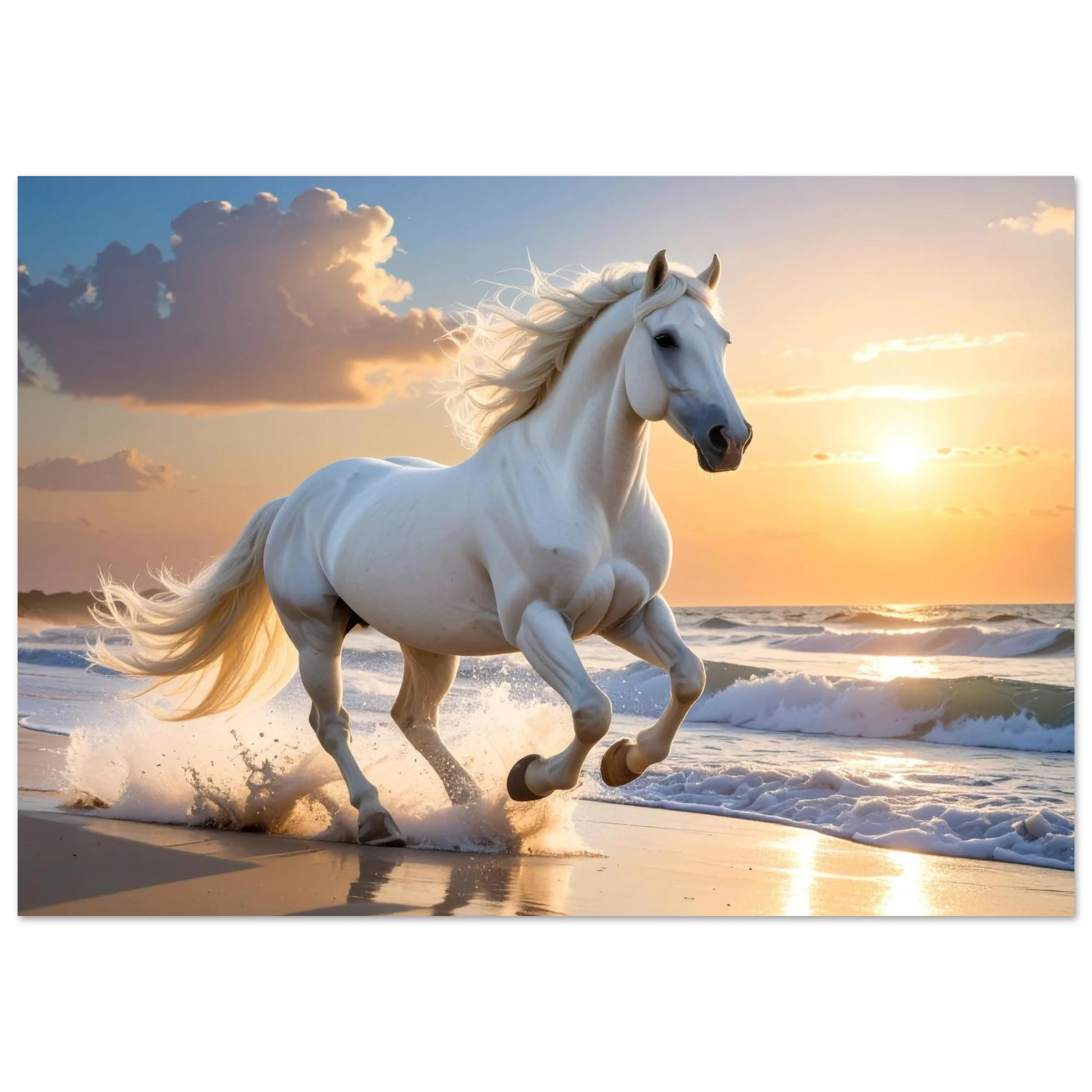 High-definition canvas print of a majestic white horse galloping along a beach during a vibrant, golden sunset.