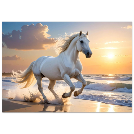 High-definition canvas print of a majestic white horse galloping along a beach during a vibrant, golden sunset.