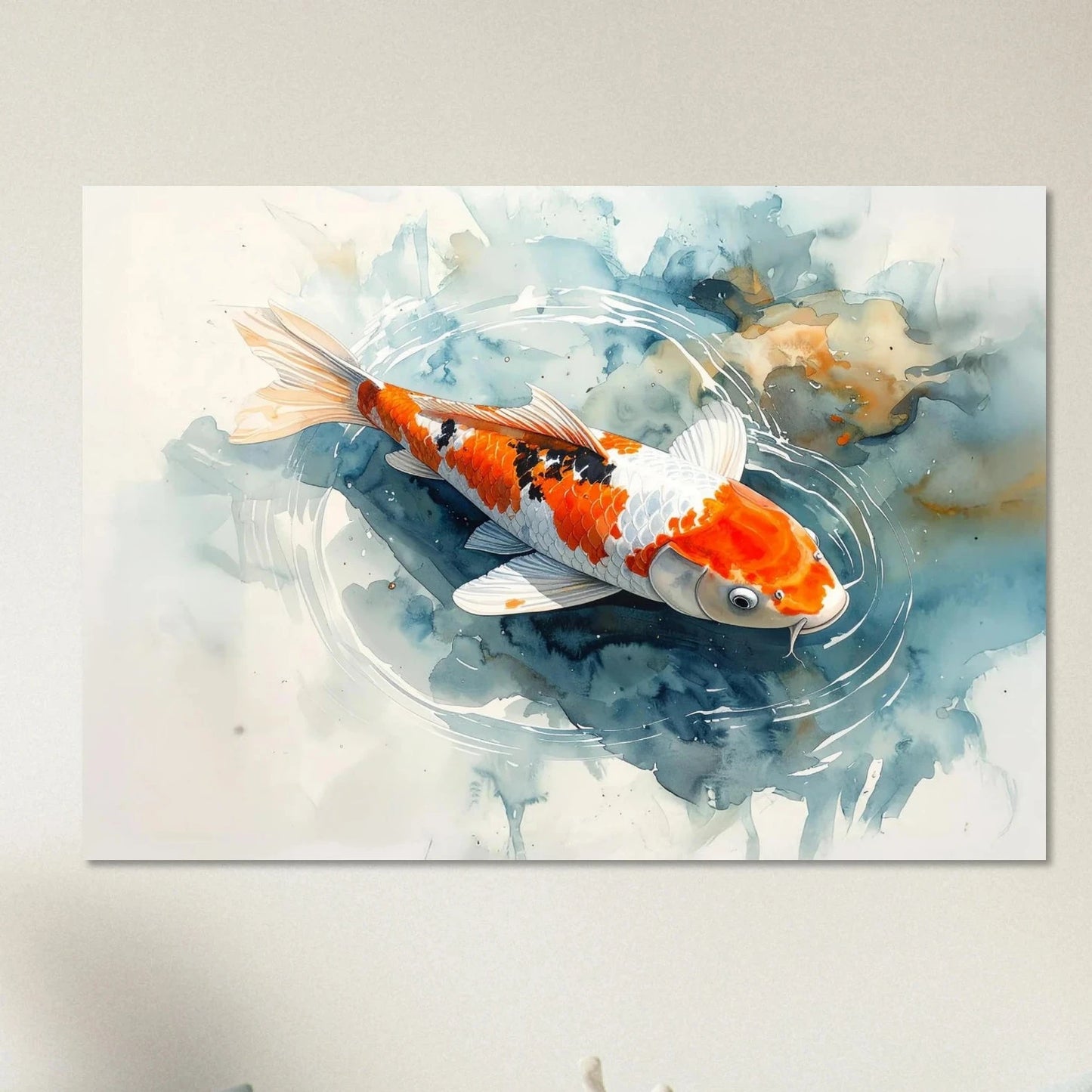 Close-up watercolor painting of an orange and white Koi fish swimming in blue rippling water with soft artistic splashes.

