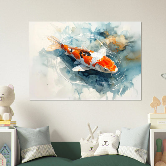 Close-up watercolor painting of an orange and white Koi fish swimming in blue rippling water with soft artistic splashes.


