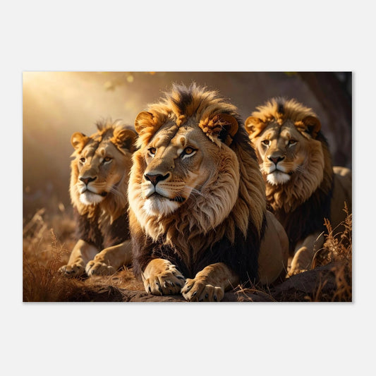 A stunningly realistic and bold canvas print of a lion's face, capturing the texture of its mane and a powerful, regal expression.