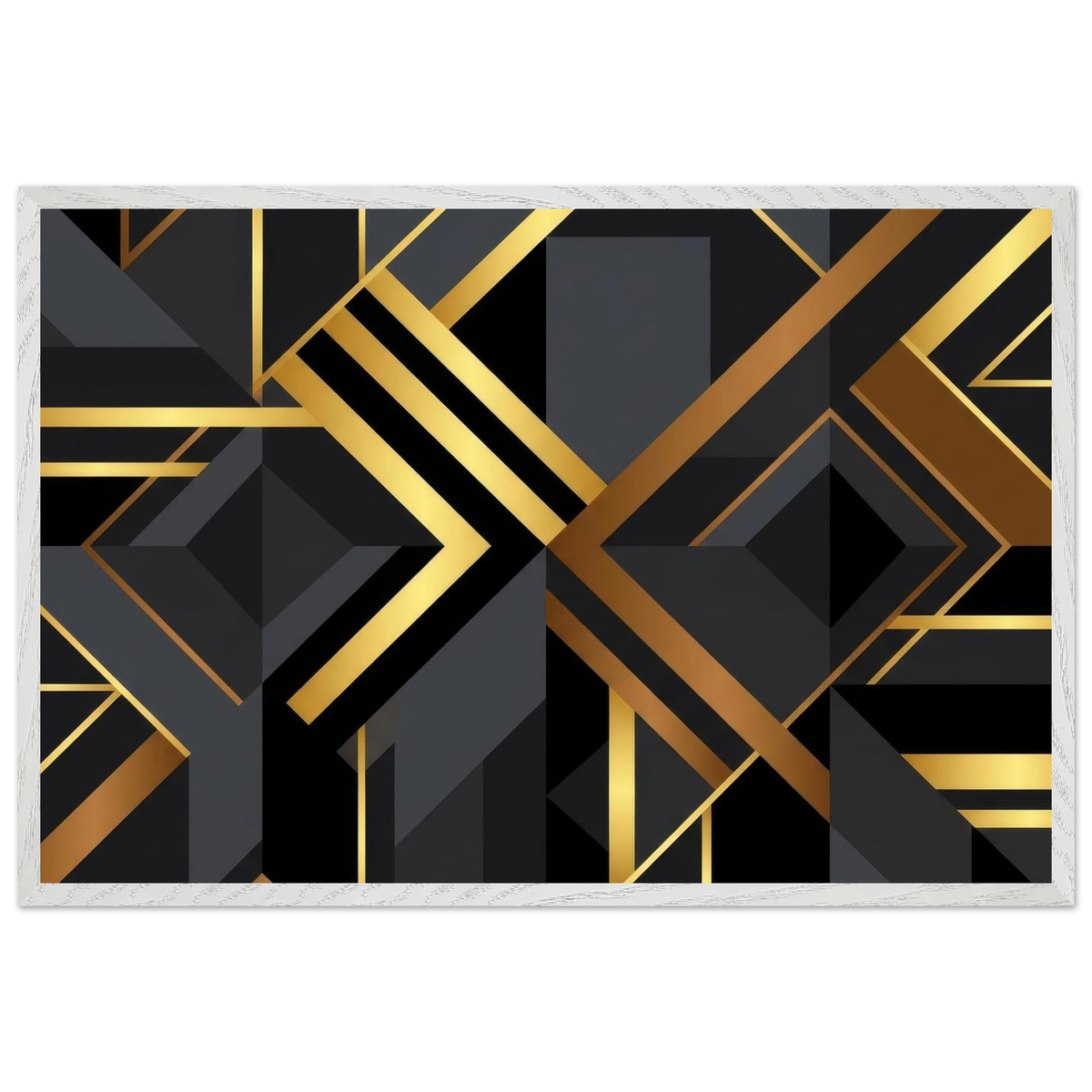 A rectangular wall art print featuring a modern geometric Art Deco design in black, dark gray, and metallic gold, framed by a white textured border on a white background.