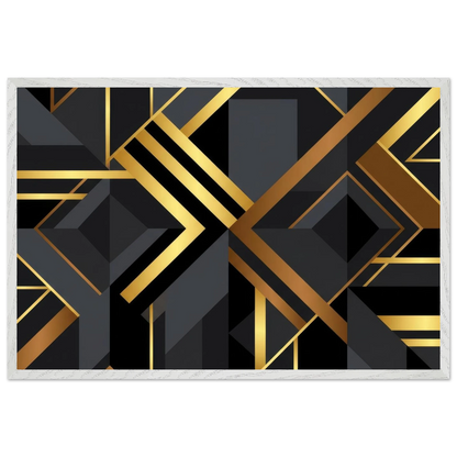 A rectangular wall art print featuring a modern geometric Art Deco design in black, dark gray, and metallic gold, framed by a white textured border on a white background.