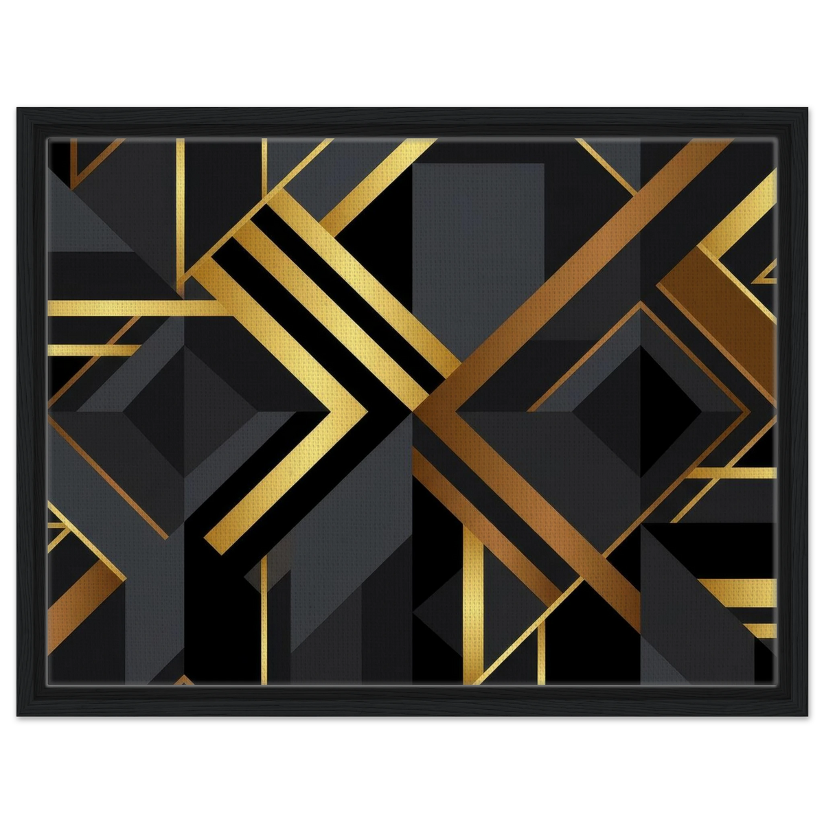 Framed abstract geometric wall art featuring bold black and metallic gold art deco-style lines, diamonds, and angular shapes, presented in a black frame against a light gray background.