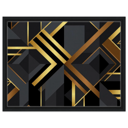Framed abstract geometric wall art featuring bold black and metallic gold art deco-style lines, diamonds, and angular shapes, presented in a black frame against a light gray background.