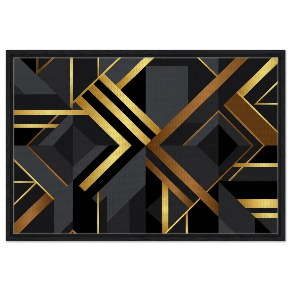 Framed abstract geometric wall art featuring a modern Art Deco style design with black and dark gray shapes outlined and accented by metallic gold lines, presented in a black frame against a white background.