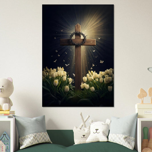 A wooden cross with a crown of thorns and a bed of white tulips at the base.
