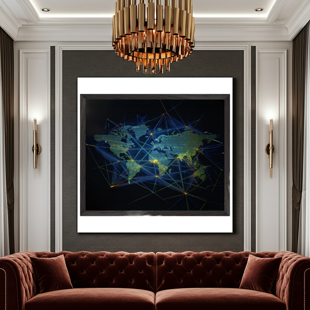 3D Digital World Map Wall Art - Neon Green & Blue Global Connectivity